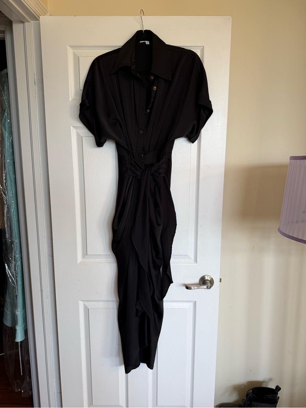 MABLE Black Satin Tie-Waist Button Front Midi Dress Size Medium - Picture 2 of 4